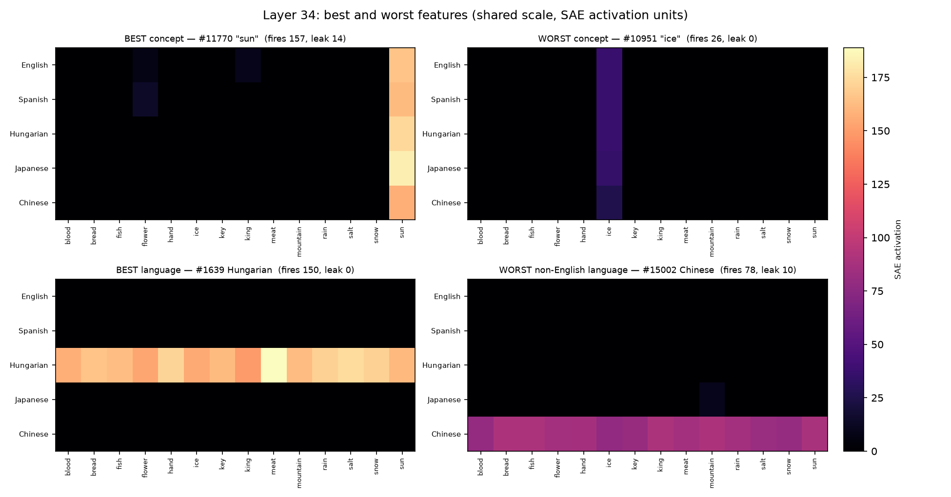 The strongest SAE feaures across concepts and language at Layer 34